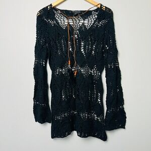 52 Weekends Black Crochet V Neck Bell Sleeve Tunic Top Mini Dress Large Y2k Boho